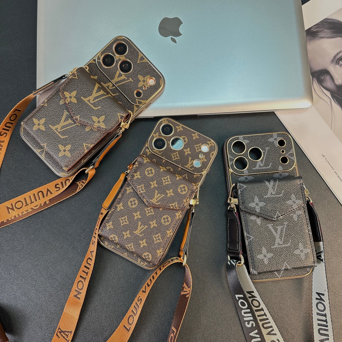 Premium Leather Monogram iPhone Case With Wallet And Crossbody Strap