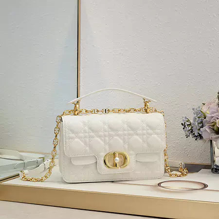 Quilted leather bag with flap closure - Gold chain crossbody bag with pearl clasp