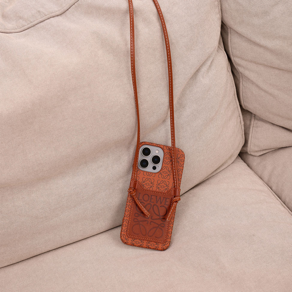 LW Monogram Embossed Leather Wallet Case with Knotted Crossbody Strap for iPhone 12-18 Pro & Pro Max