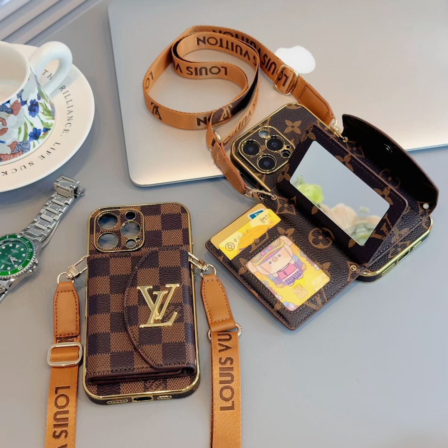 Luxury Crossbody Wallet iPhone Case | Designer Logo Card Holder with Adjustable Lanyard