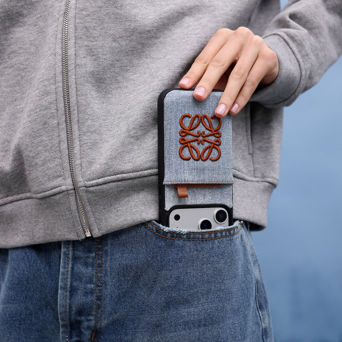 Loewe Embroidered Anagram Denim Wallet Case for iPhone 12-18 Pro & Pro Max