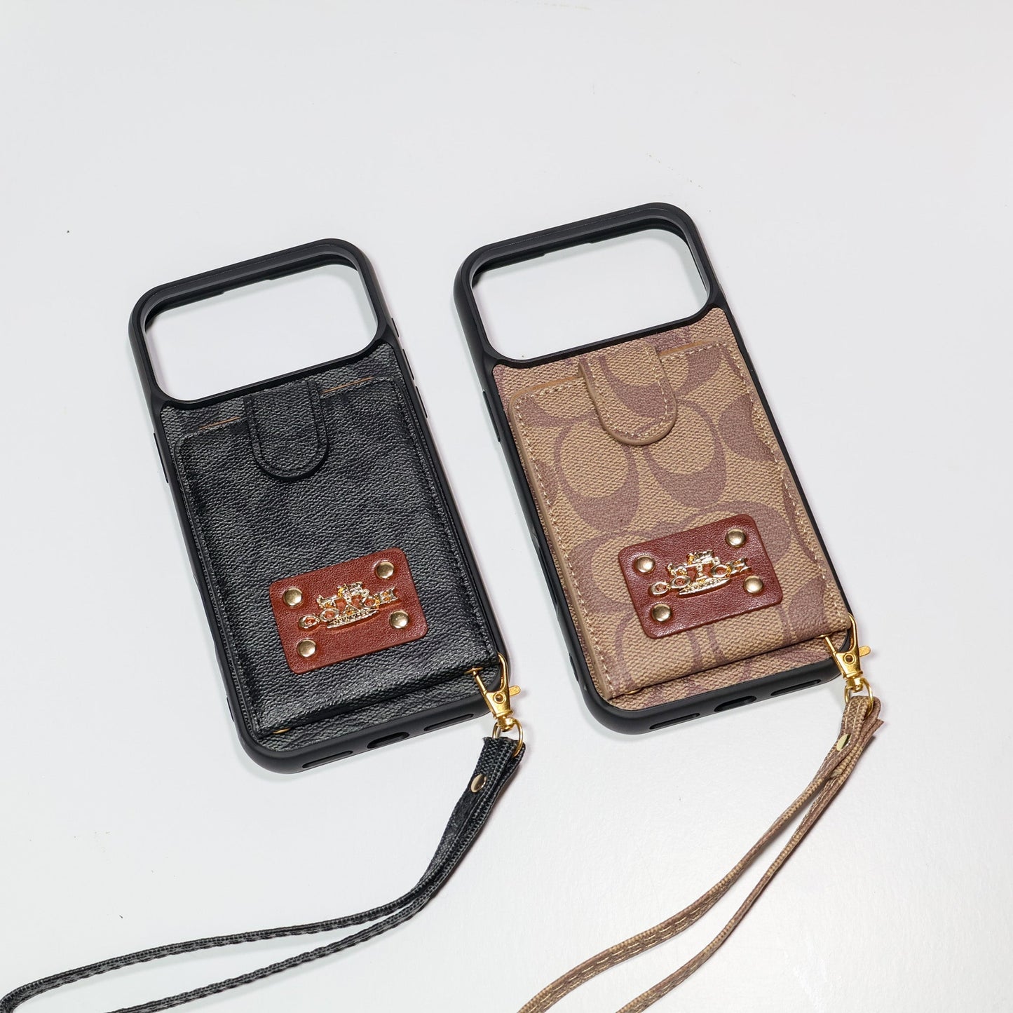 Luxury Monogram Card Holder Phone Case with Strap for iPhone 12-17 Series