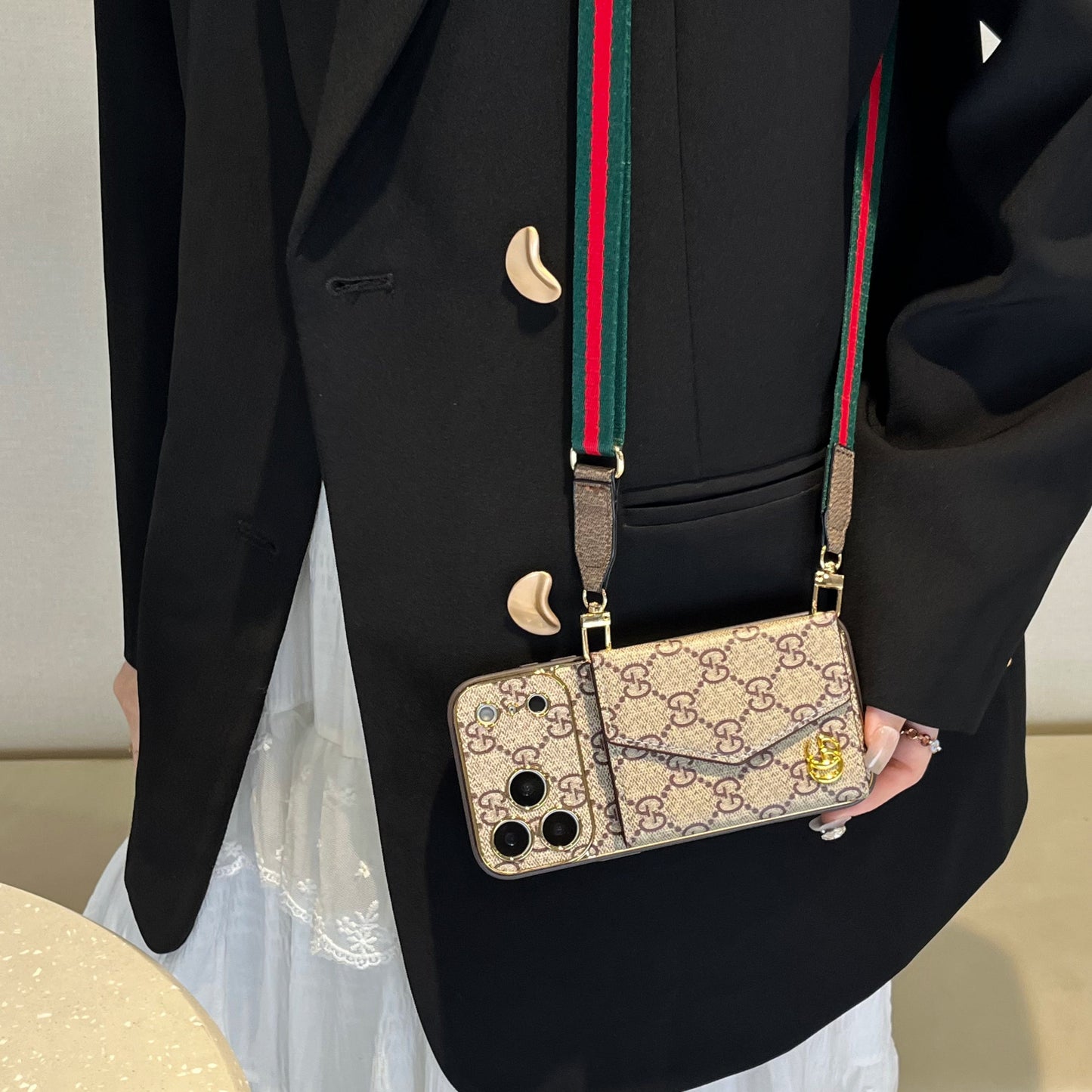 Premium GG iPhone Case With Wallet And Crossbody Strap For iPhone 17 Series