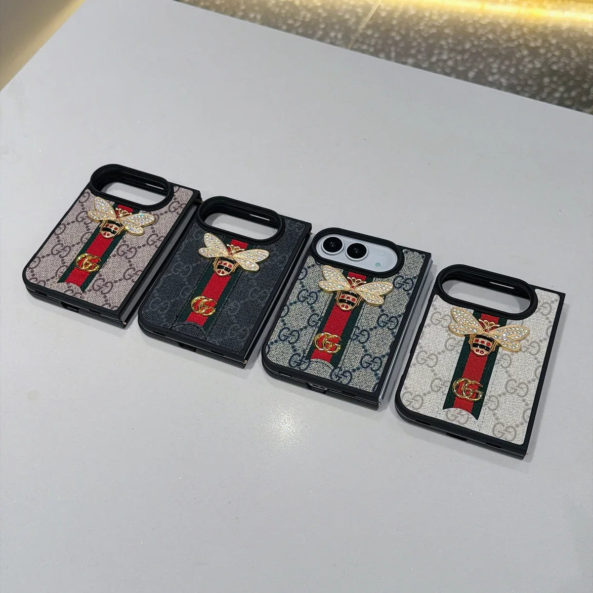 Luxury GG Monogram Bee Leather Case for iPhone Duo