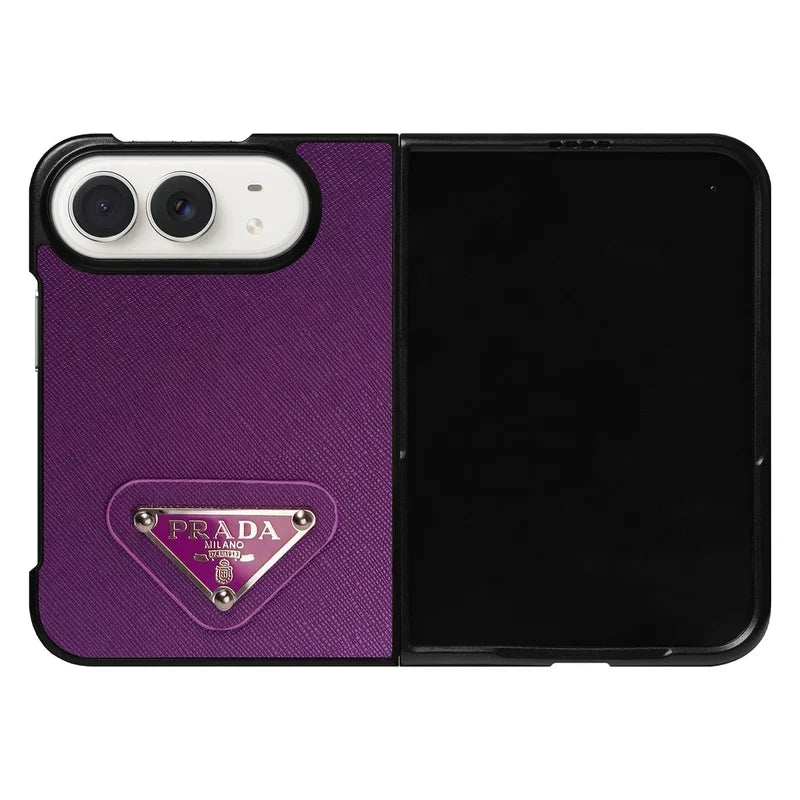 Luxury Textured Prada Leather Case with Purple Metal Logo for iPhone Duo