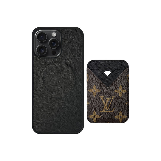 Set Magsafe Cardholder Orange LV Monogram Black with Case For iPhone 12-17 Series