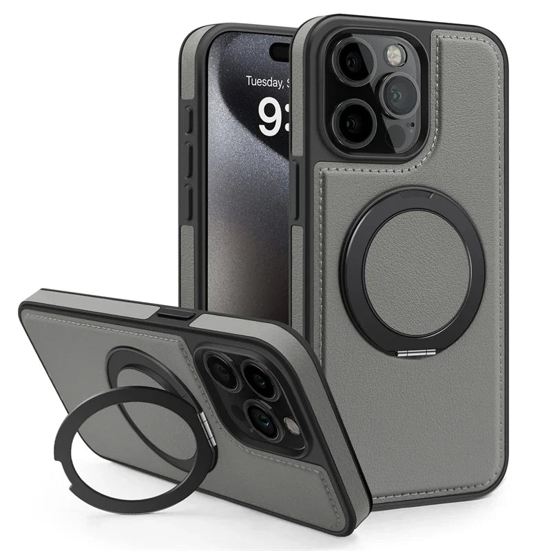 Magnetic Leather Case with 360 Degree Rotating Metal Ring Holder for iPhone 16 15 14