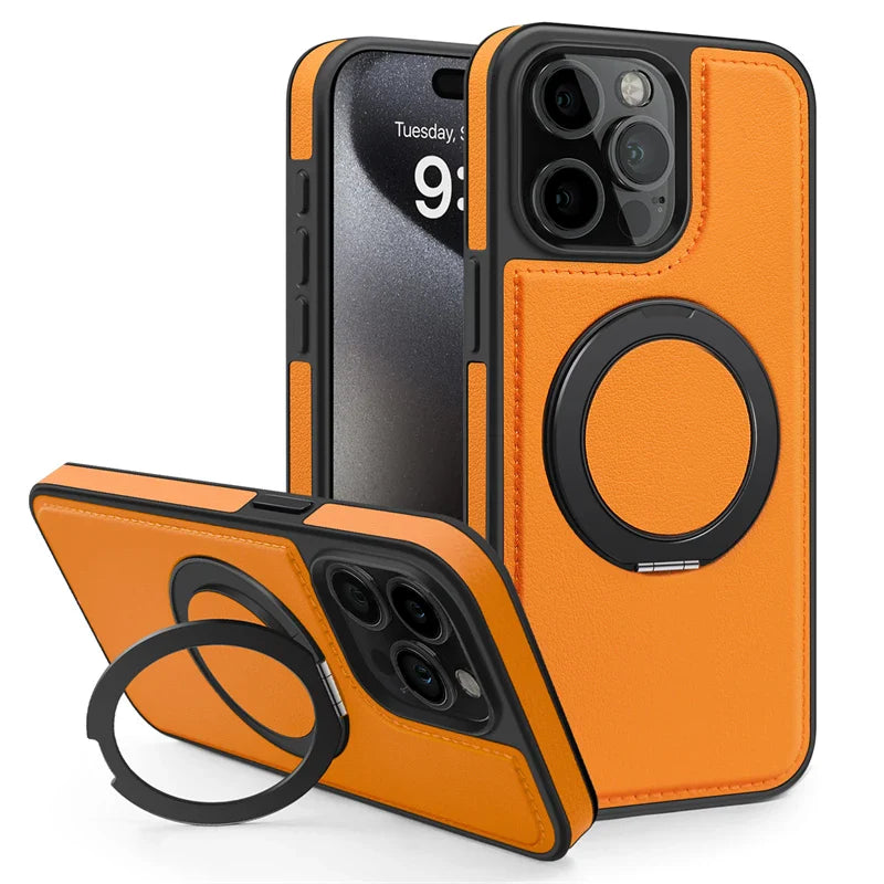 Magnetic Leather Case with 360 Degree Rotating Metal Ring Holder for iPhone 16 15 14