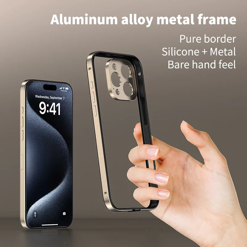 Aluminum Metal Frame Hybrid Silicone Camera Protection Phone Case for iPhone 16 15 14