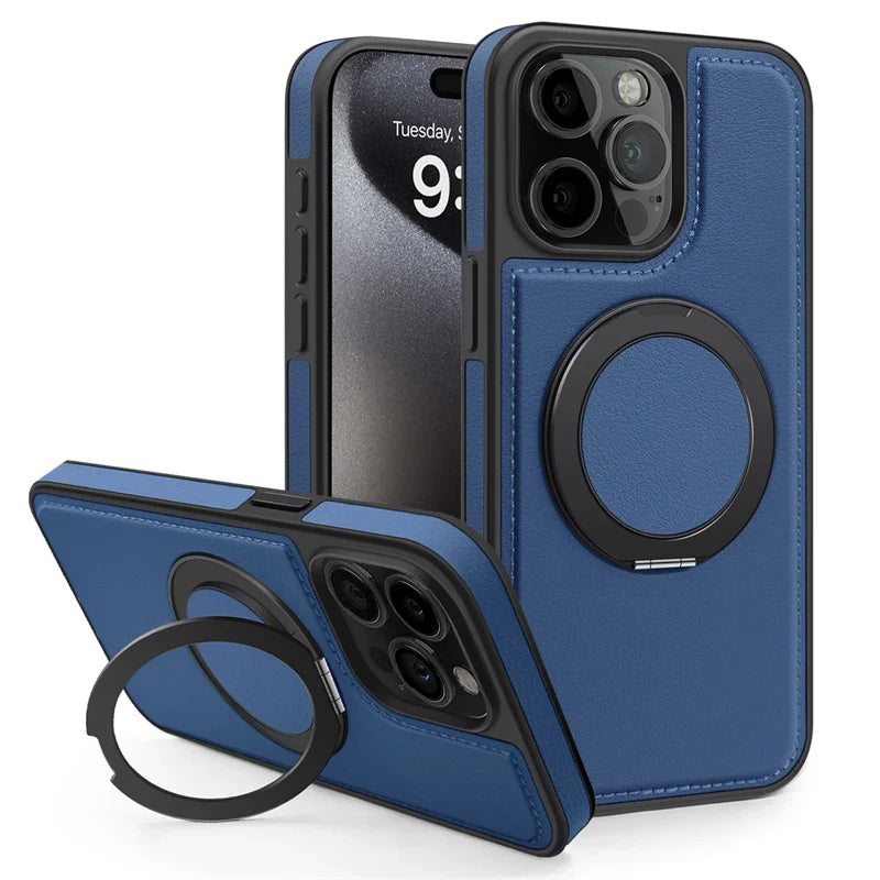 Magnetic Leather Case with 360 Degree Rotating Metal Ring Holder for iPhone 16 15 14
