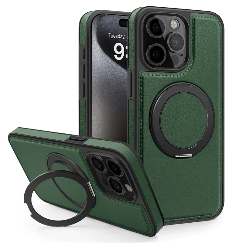 Magnetic Leather Case with 360 Degree Rotating Metal Ring Holder for iPhone 16 15 14