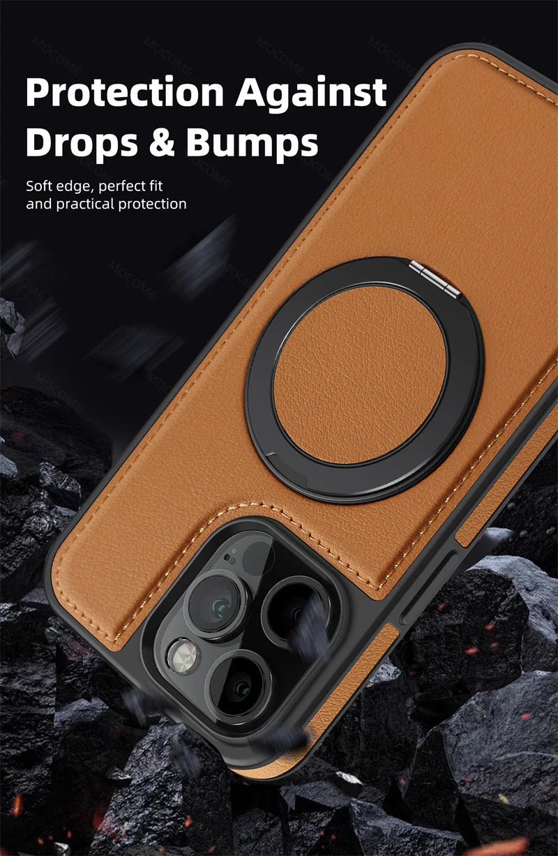 Magnetic Leather Case with 360 Degree Rotating Metal Ring Holder for iPhone 16 15 14