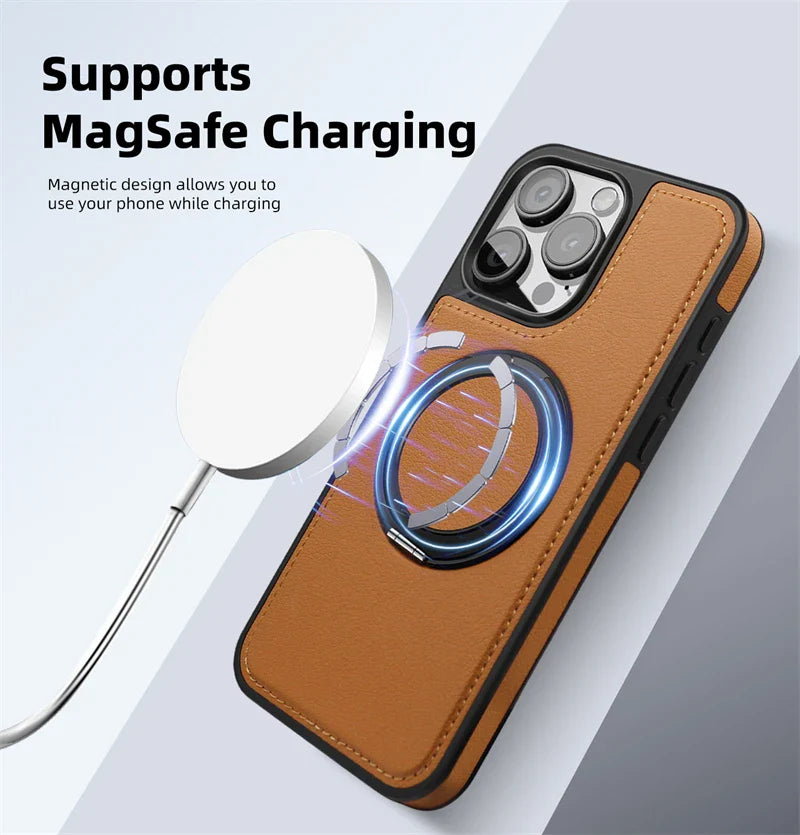 Magnetic Leather Case with 360 Degree Rotating Metal Ring Holder for iPhone 16 15 14