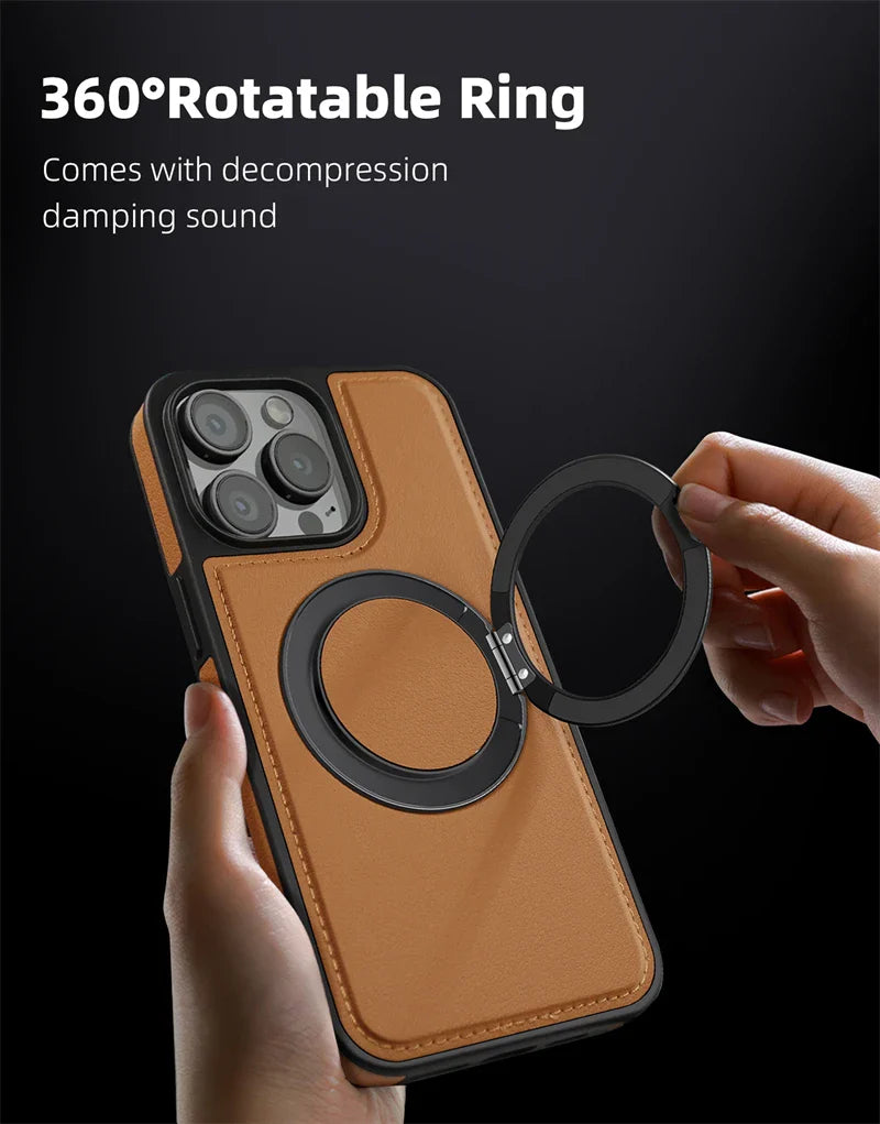 Magnetic Leather Case with 360 Degree Rotating Metal Ring Holder for iPhone 16 15 14