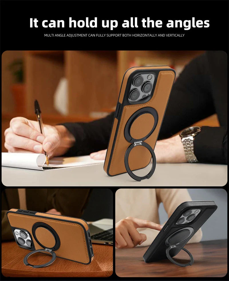 Magnetic Leather Case with 360 Degree Rotating Metal Ring Holder for iPhone 16 15 14