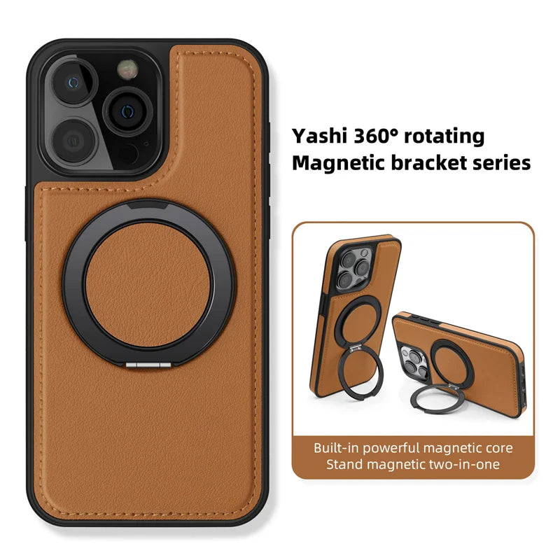 Magnetic Leather Case with 360 Degree Rotating Metal Ring Holder for iPhone 16 15 14