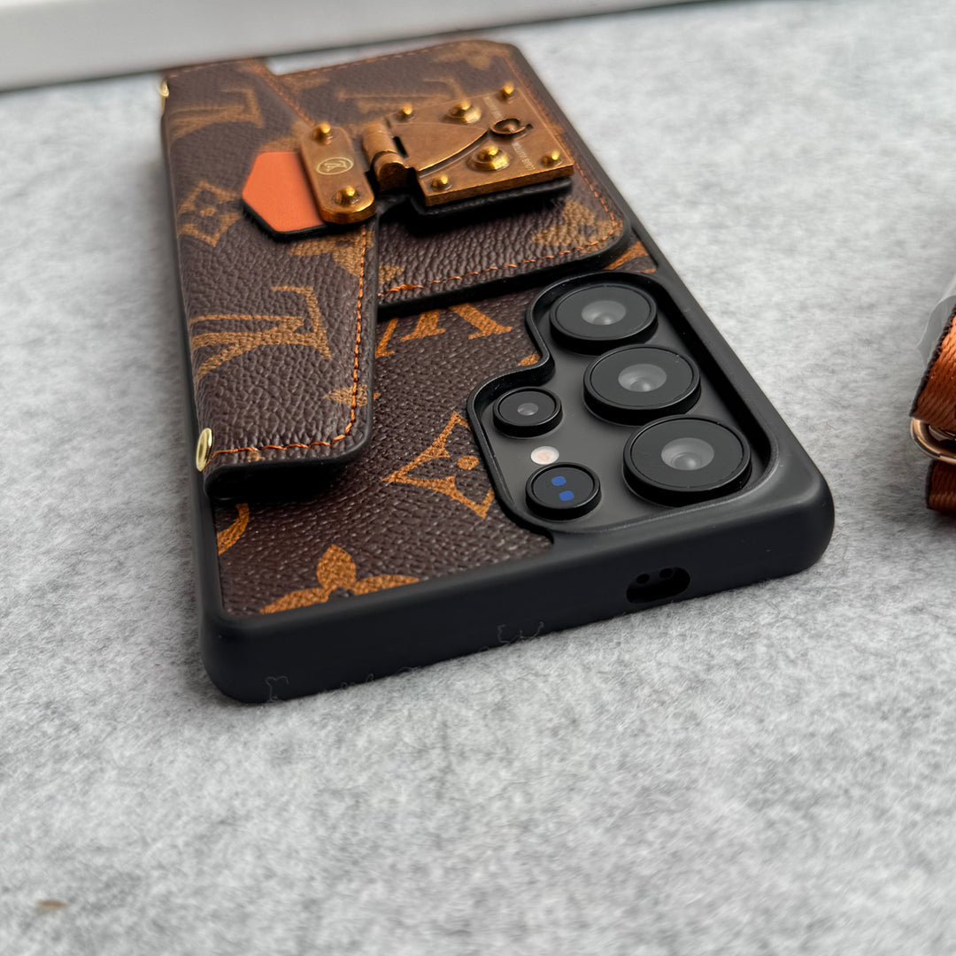 Luxury Gold Lock Leather Card Holder Sling Case for Samsung Galaxy S22-S26 Series