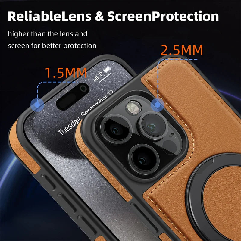 Magnetic Leather Case with 360 Degree Rotating Metal Ring Holder for iPhone 16 15 14