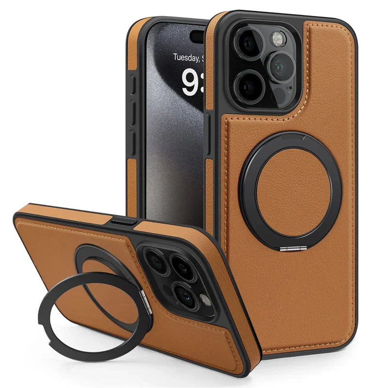 Magnetic Leather Case with 360 Degree Rotating Metal Ring Holder for iPhone 16 15 14
