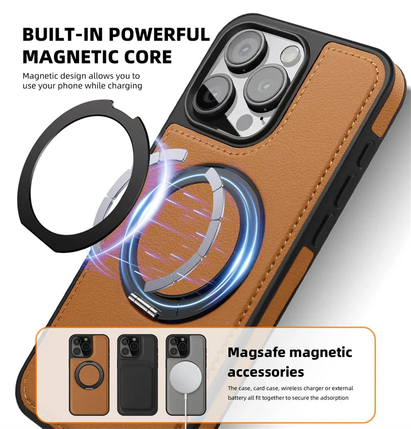 Magnetic Leather Case with 360 Degree Rotating Metal Ring Holder for iPhone 16 15 14