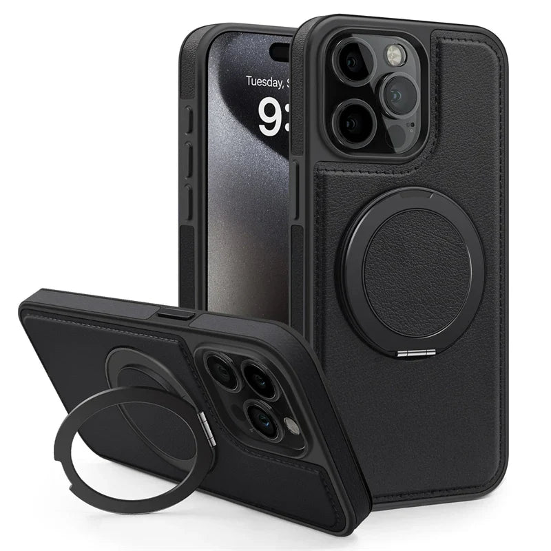 Magnetic Leather Case with 360 Degree Rotating Metal Ring Holder for iPhone 16 15 14