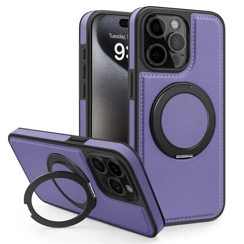 Magnetic Leather Case with 360 Degree Rotating Metal Ring Holder for iPhone 16 15 14