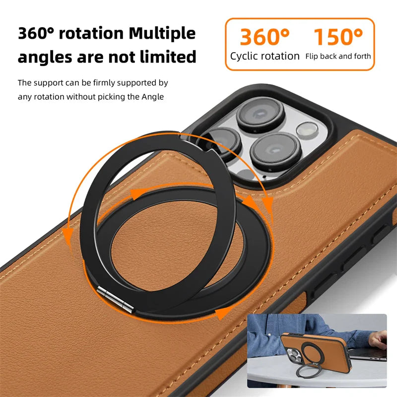 Magnetic Leather Case with 360 Degree Rotating Metal Ring Holder for iPhone 16 15 14