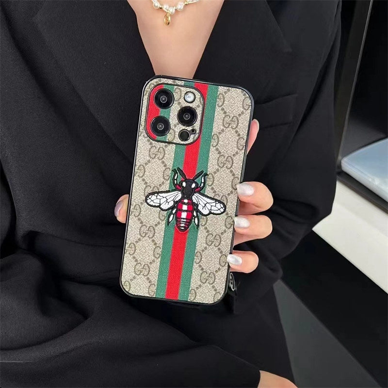 GG Bee or Snake Motif Leather Case for iPhone 12-18