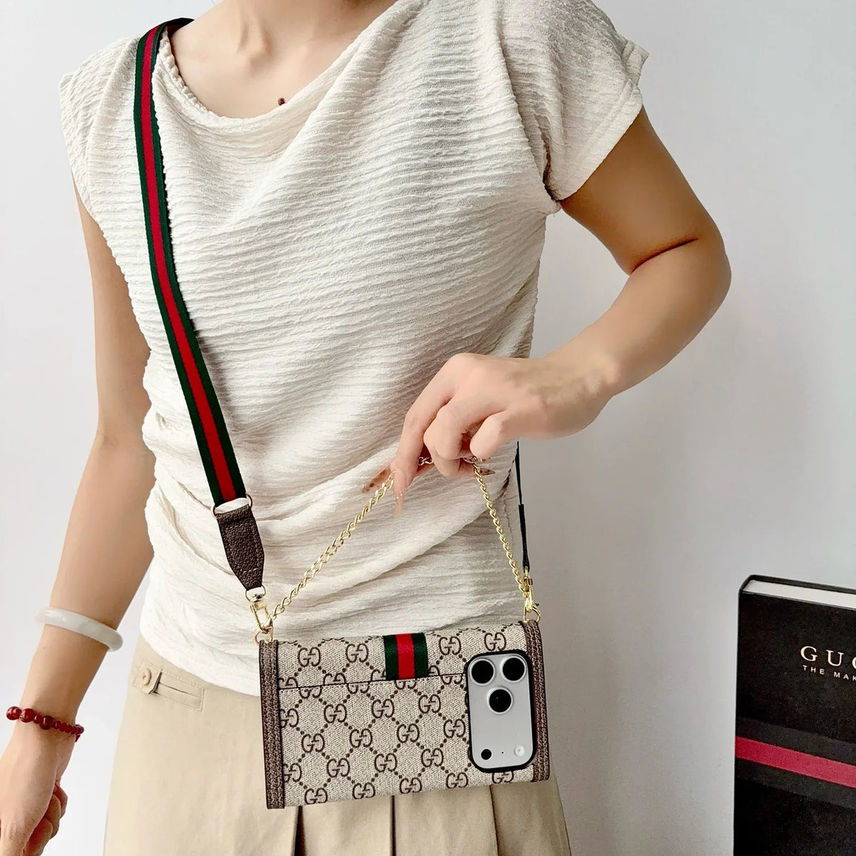 Classic Leather GG iPhone Case With Flip Wallet And Crossbody Strap