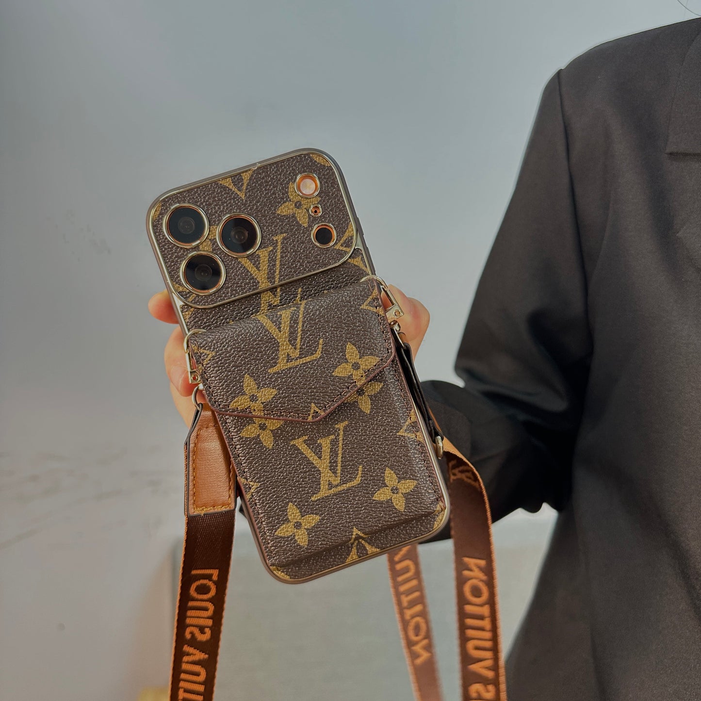 Premium Leather Monogram iPhone Case With Wallet And Crossbody Strap