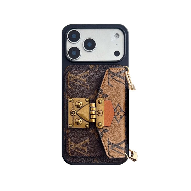 Luxury Leather Monogram iPhone Case With Card Holder And Strap