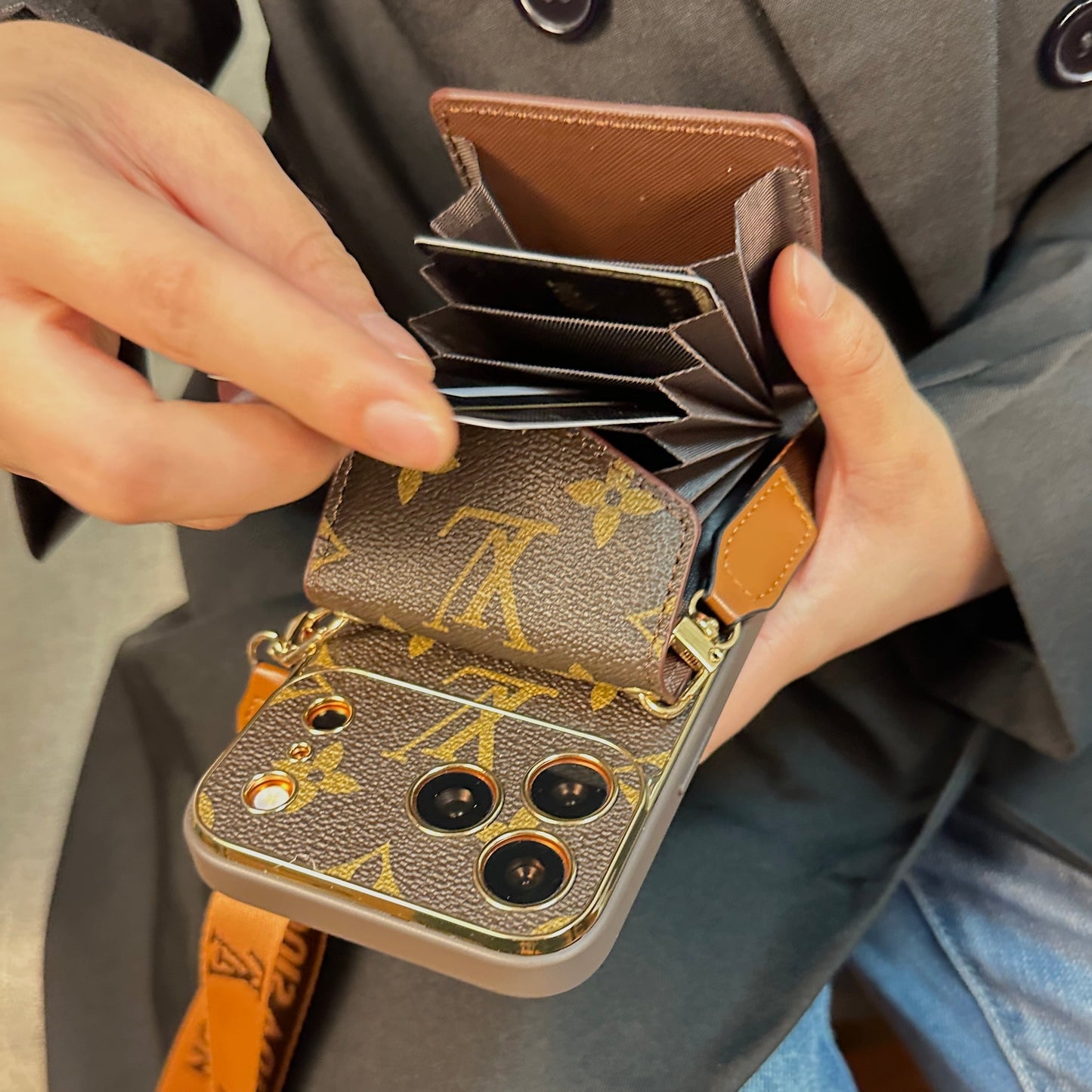 Premium Leather Monogram iPhone Case With Wallet And Crossbody Strap