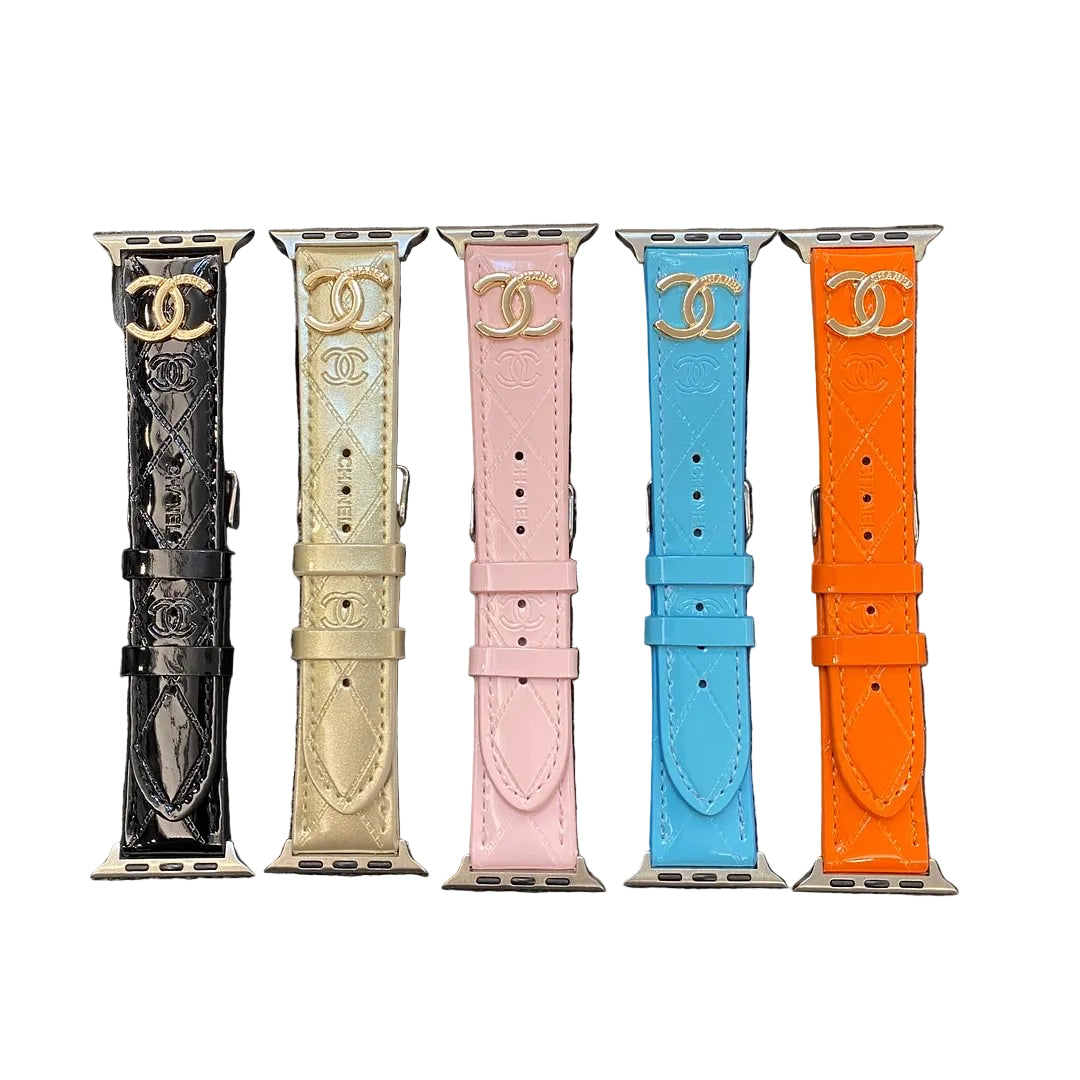Glossy Leather Apple Watch Strap Luxury Metal Logo