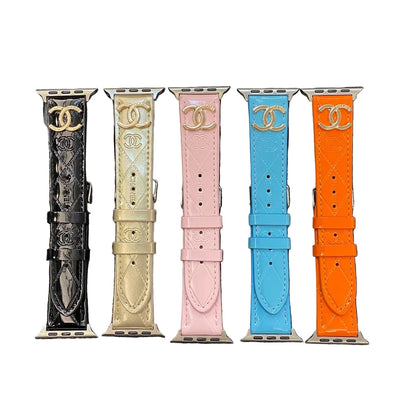Glossy Leather Apple Watch Strap Luxury Metal Logo