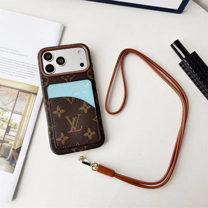 Luxury Monogram Cardholder Phone Case with Lanyard Strap For iPhone 13-18