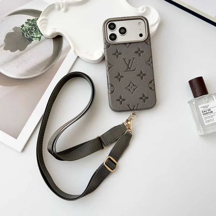 Luxury LV Leather Case with Designer Crossbody Strap for iPhone 13-18 Pro & Pro Max