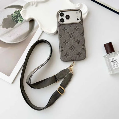 Luxury LV Leather Case with Designer Crossbody Strap for iPhone 13-18 Pro & Pro Max