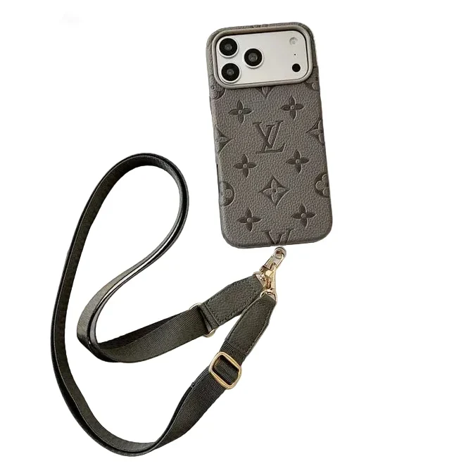 Luxury LV Leather Case with Designer Crossbody Strap for iPhone 13-18 Pro & Pro Max