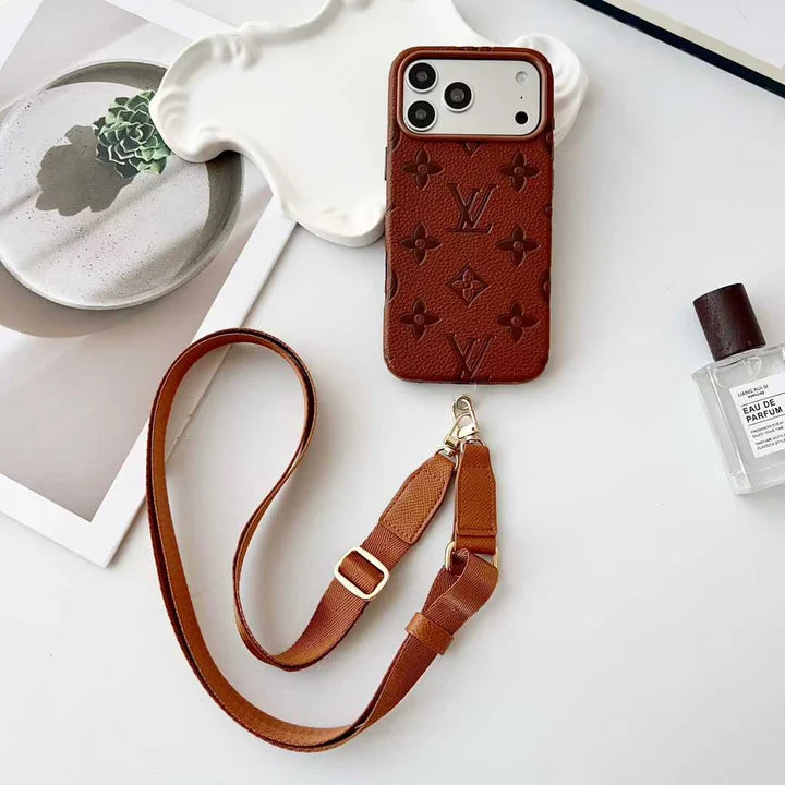 Elite Monogram Leather Case with Designer Crossbody Strapfor iPhone 13-17 Series