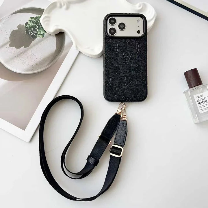 Luxury LV Leather Case with Designer Crossbody Strap for iPhone 13-18 Pro & Pro Max