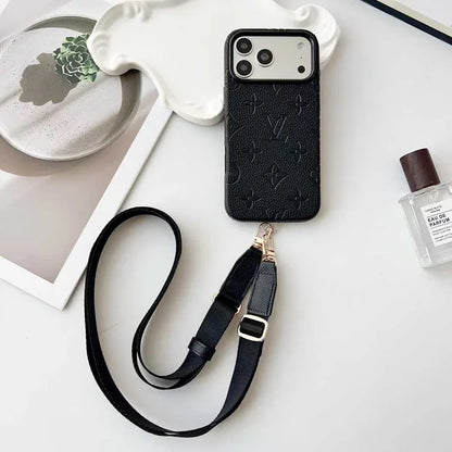 Luxury LV Leather Case with Designer Crossbody Strap for iPhone 13-18 Pro & Pro Max