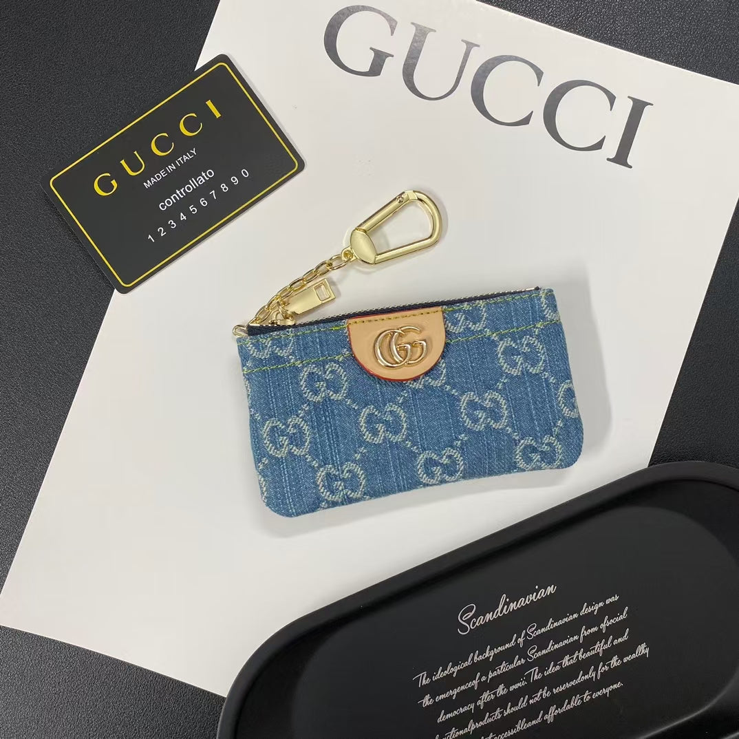 Denim Monogram Keychain Pouch Collection with Gold Clasps