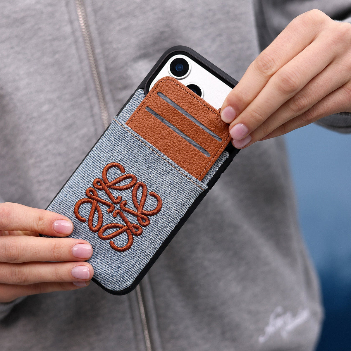 Loewe Embroidered Anagram Denim Wallet Case for iPhone 12-18 Pro & Pro Max