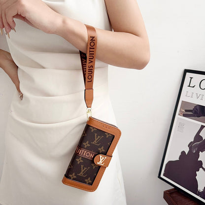 Leather Flip Monogram iPhone Case With Card Holder And Strap