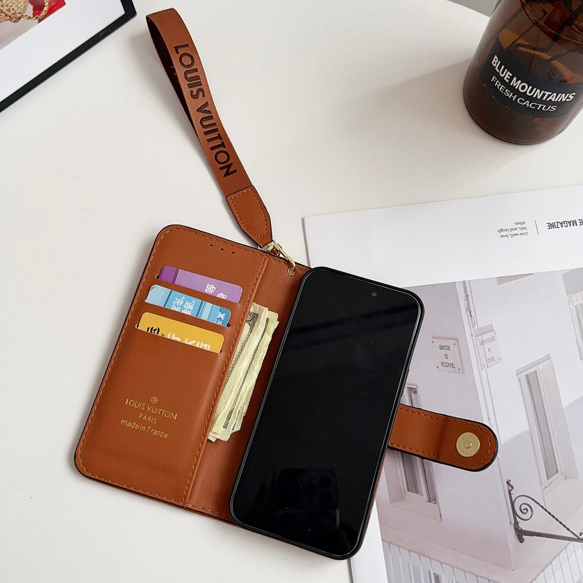 Leather Flip Monogram iPhone Case With Card Holder And Strap