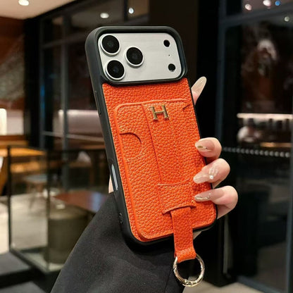 Luxury Pebbled Leather iPhone Case with Wallet Pocket Hand Strap