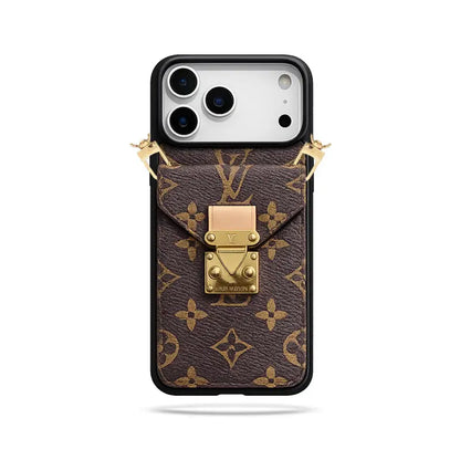 Premium Leather Monogram iPhone Case With Wallet And Crossbody Strap