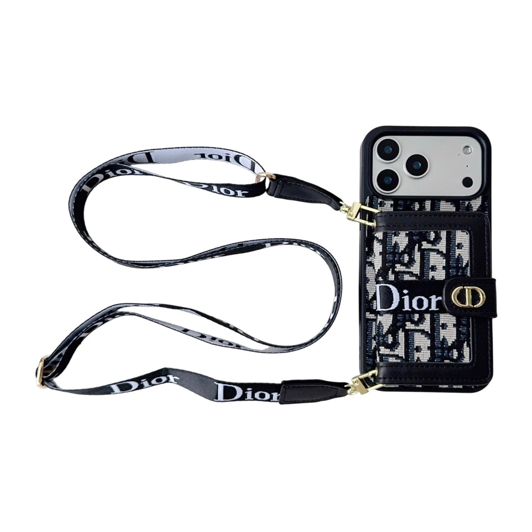 Dior Leather iPhone Case With Card Wallet And Strap For iPhone 17 / 16 / 15 / 14