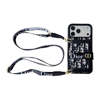 Dior Leather iPhone Case With Card Wallet And Strap For iPhone 17 / 16 / 15 / 14