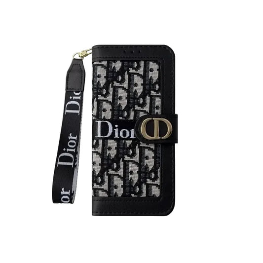 Luxury Monogram Canvas Wallet Case with Wristlet Strap for iPhone 12-17